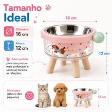 Comedouro Elevado Transparente para Gatos e Cães Pequenos Tigela Inox Removível Antiderrapante
