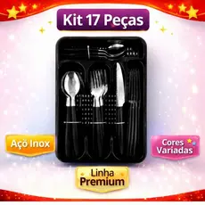 Kit Conjunto Talher Faqueiro com até 17 Peças Aço Inox Cozinha Com Suporte Para Gaveta - Preto - Vermelho - Rosa