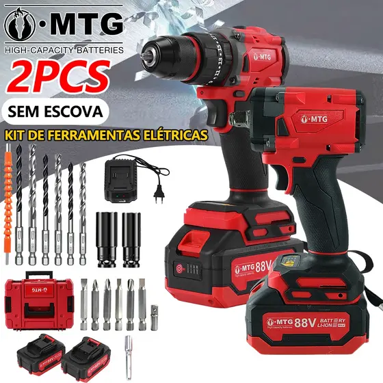 Kit Furadeira Parafusadeira Chave De Impacto Chave De Impacto Com 2 Baterias 88V