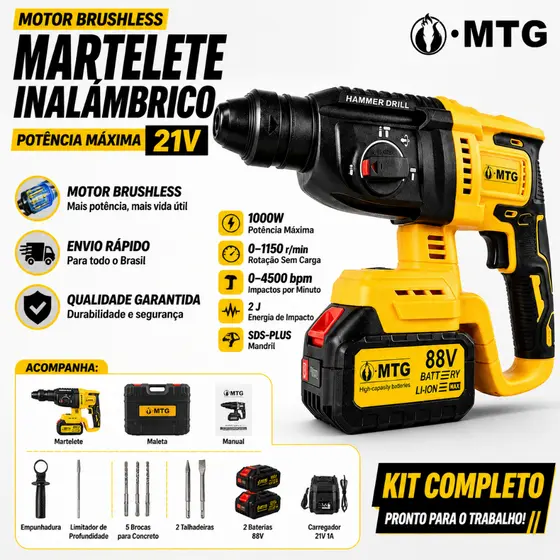Martelete SDS Plus MTG 88V Sem Fio Motor Sem Escova Kit Acessórios Completos