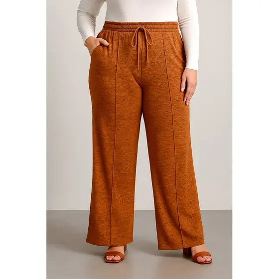 Calça Feminina Plus Size Pantalona Lanzinha Cintura Alta com Bolso