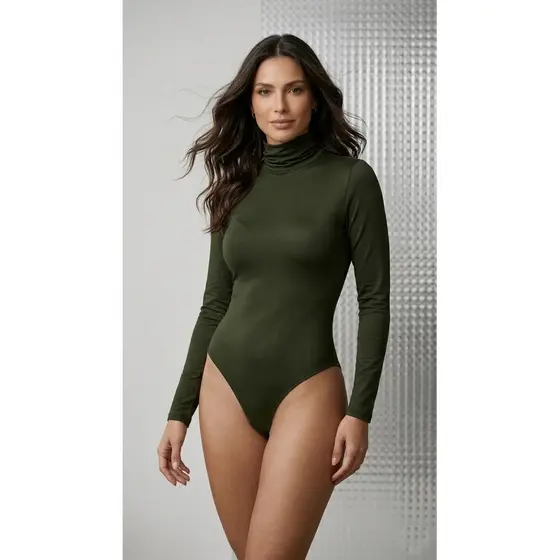Body Feminino Cacharrel Manga Longa Blusa Gola Alta Suplex Verde Militar