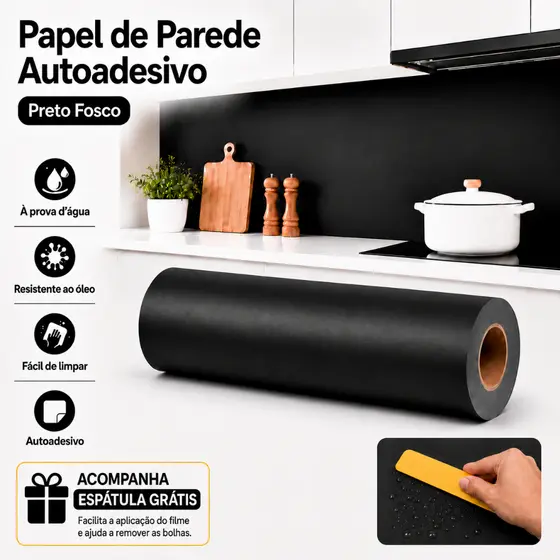 【Com Espátula】Novo Papel Contact Adesivo 5/10 Metros Preto Fosco Lavável Promoção