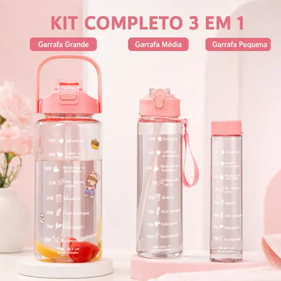 Kit 3 Garrafas de Água Rosa com Alça Para Academia Escola Trabalho