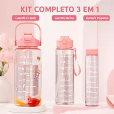 Kit 3 Garrafas de Água Rosa com Alça Para Academia Escola Trabalho