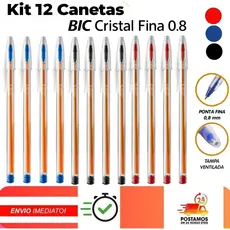 KIT Canetas Bic Cristal Esferográficas 0.8mm Ponta Fina Cores Azul, Preta e Vermelha - Original, Escrita Fina pelaria