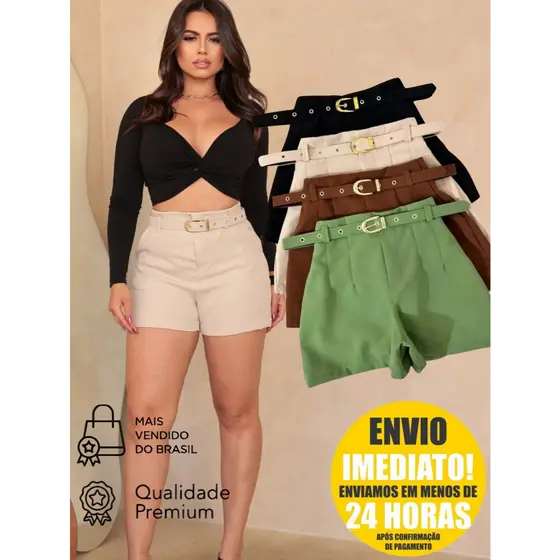 Short Feminino Social Alfaiataria Com Cinto Forrado do P ao GG