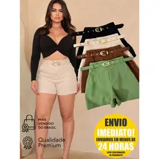 Short Feminino Social Alfaiataria Com Cinto Forrado do P ao GG