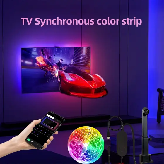 Fita LED Sincronizada USB TV RGB-IC Luz Fundo TV 3M/3.8M/5M Cores Câmera Controle APP Jogos Imersivos