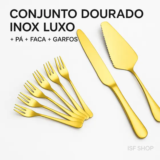 Conjunto Pá e Faca Dourada Inox + Garfos Sobremesa Luxo Tortas Pizza Bolos Sobremesas