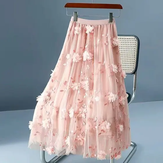 Saia de tule elegante floral tridimensional de verão