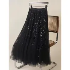 Saia midi feminina de tule com lantejoulas, perfeita para festas