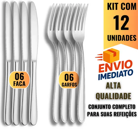Kit com 12 Talheres Inox – Garfos e Facas Resistentes para Cozinha, Buffet, Restaurantes e Hotéis
