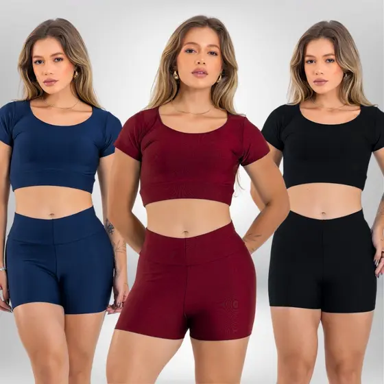 Conjunto Academia Feminino Blusinha Top com manga e Short Empina Bumbum Cintura Alta em Suplex