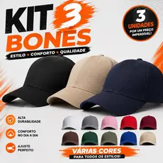 Kit 3 Bonés Liso Básico Adulto Aba Curva Masculino e Feminino Super Leve