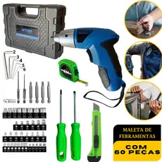 Kit Maleta de Ferramentas Com 60 Peças Com Parafusadeira Recarregável