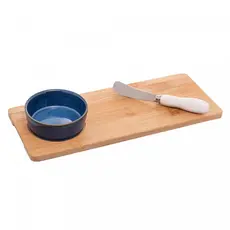 Petisqueira de Cerâmica com Bandeja de Bambu e Espátula 30x12x3,5cm | Lyor | Pote Conjunto Kit Queijos Patê Aperitivos Servir Mesa Posta