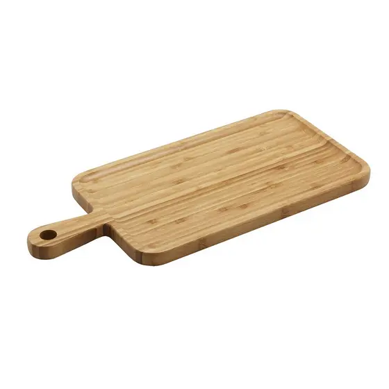 Tábua Para Servir em Bambu com Cabo Retangular 49cm Corte Carne Churrasco Petiscos Frios Mesa Posta Madeira