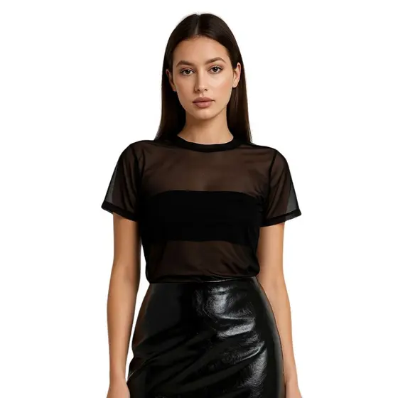 T-Shirt Tule Camisa Transparente Manga Curta Tendência Verão