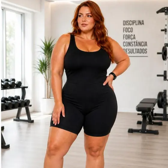 Macaquinho Plus Size Fitness Academia Zero Transparência Blackout