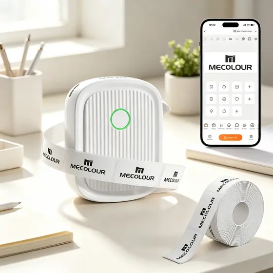 Mecolour Impressora de Etiquetas Térmica Bluetooth USB, 1 Rolo, Impressora de Etiquetas Branca