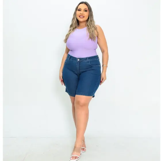 Bermuda Jeans Feminino Cintura Alta com Elastano