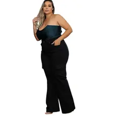 Calça Jeans Feminina Wide Leg Preta Plus Size Com bolso cargo