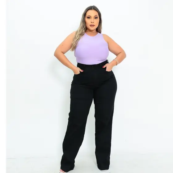 Calça Jeans Feminina Wide Leg Preta Plus Size