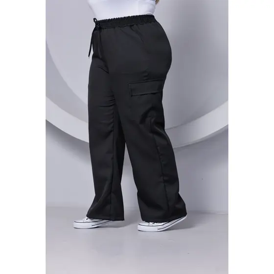 .  Calça PLUS SIZE Pantalona Wide Leg Feminina C/ Bolso Cargo