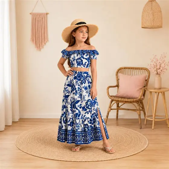 Conjunto Infantil Juvenil Feminino Saia e Top com estampa floral boho com acabamento de babados