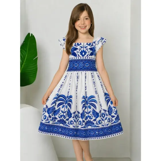 Vestido Midi Juvenil Menina 10 ao 16 Festa Verão Tendência Blogueirinha – Estampas Azul