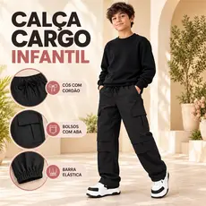 Calça Cargo Infantil Juvenil em Tactel Unissex com Bolsos Cós Elástico Cordão Jogger Casual Menino Menina