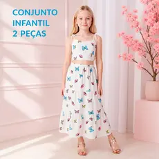 Conjunto Infantil Feminino Cropped e Saia Longa Estampado Borboletas – Moda Kids Verão, Confortável e Estiloso 10 ao 16