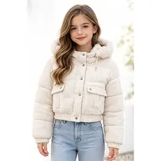 Jaqueta Cropped Infantil Feminina Inverno com Capuz Removível Peluciado Casaco Cotelê Moda Infantil Tam 8 a 12