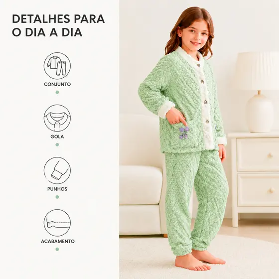 Pijama Infantil Feminino Peluciado Inverno | Conjunto Menina Moda Infantil Tendência Confortável Quentinho Casual