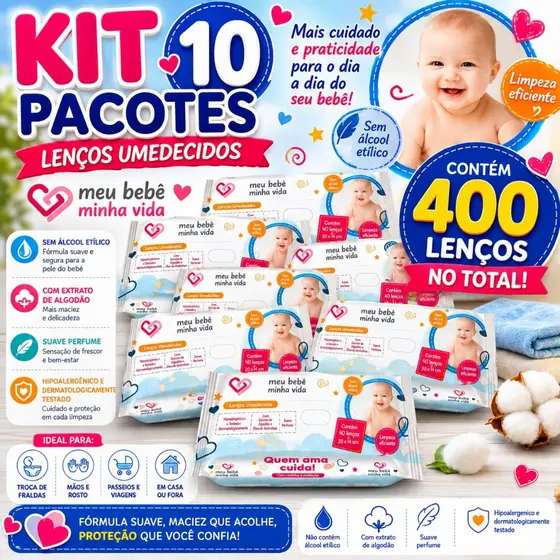 Kit 10 lenços meu bebe minha vida com 40 und cada