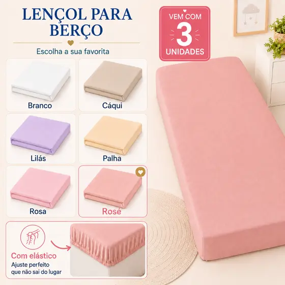Kit Jogo 3 Lençol Liso Para Berço De Bebê Padrão Americano Macio com Elástico 130x70cm Menina e Menino Várias Cores