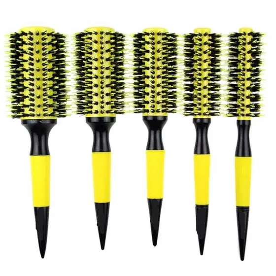 Escova De Cabelo Térmica Amarela Cerdas De Javali Mista Madeira