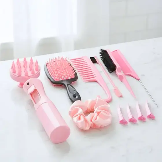 Kit de Cuidados Capilares Completo Rosa 10 Peças – Escova Polvo, Borrifador, Pentes e Acessórios