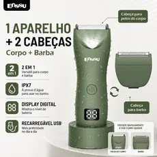 Barbeador e Aparador de Pelos 2 em 1 Corpo Barba Virilha IPX7 Recarregável USB LED Sem Fio