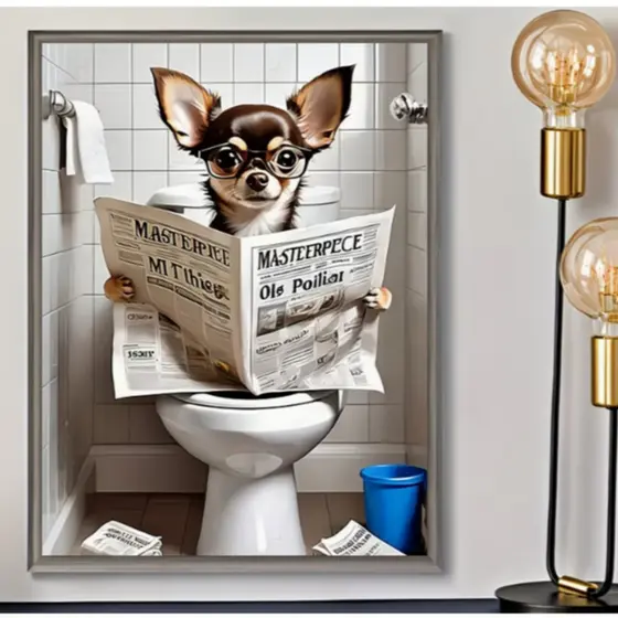 Placa Quadro Banheiro Divertido Chihuahua Cachorro Lendo Toilet Lavabo WC Pet Decoração Parede