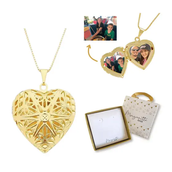 Colar com 1 foto relicário coração telado pequeno folheado a ouro 18k