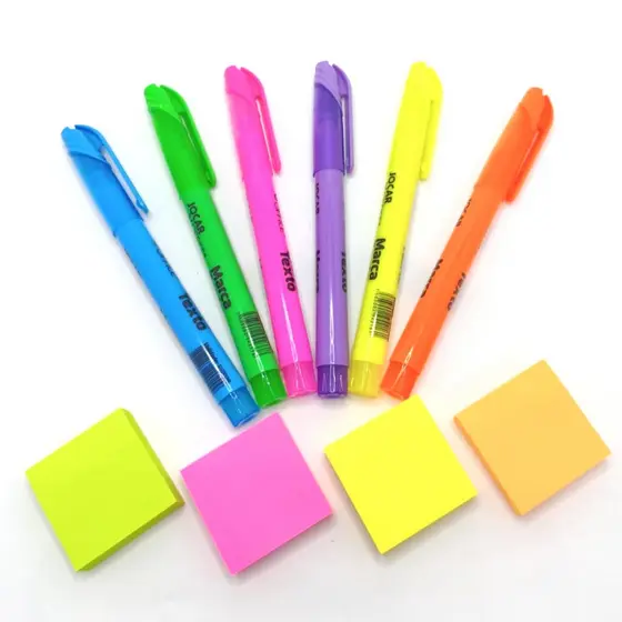 kit marca texto + post it neon 6 marcadores e 4 blocos adesivos
