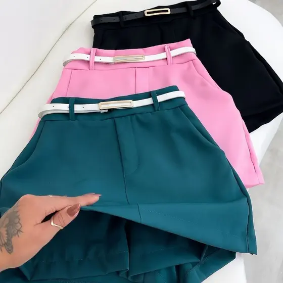 Short Saia Feminino Moda Social Alfaiataria com Cinto Cintura Alta