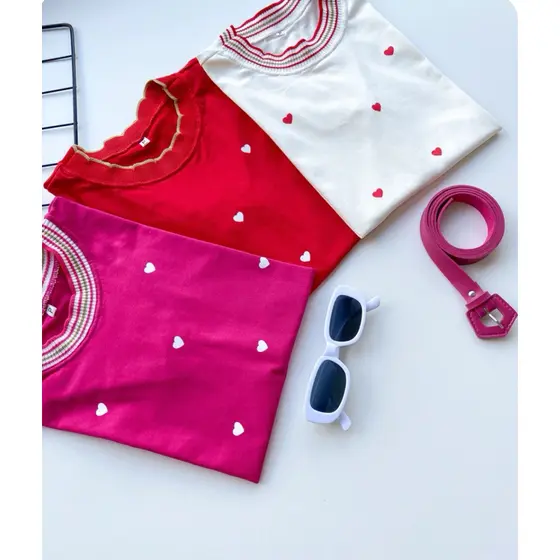 Blusa Camiseta Babylook T-shirt Gola Lurex Algodão Poa Coração