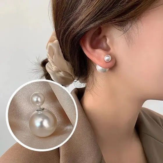 S925 Brincos de Pérola com Agulha de Prata Brincos de Pérola de Dupla Face Estilo Coreano Brincos de Pérola Grande Estil