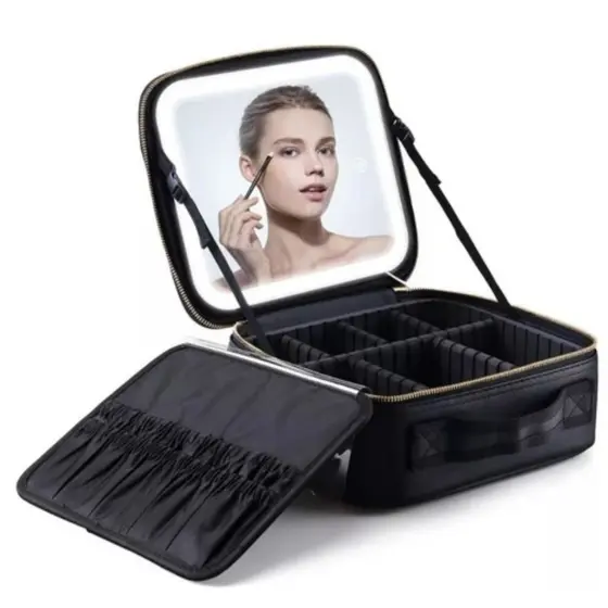 Maleta de Maquiagem Necessaire De Couro Com Espelho Led