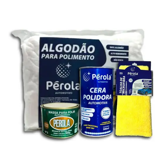 Kit Massa Polir Pérola N2 500g + Cera + Microfibra Algodão