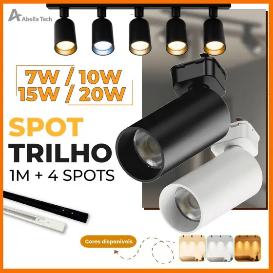 1M Trilho + 4 Spot LED 20W 15W 10W 7W Eletrificado + Trilho Tubinho Preto e Branco Luz Fria, Neutra e Quente Bivolt