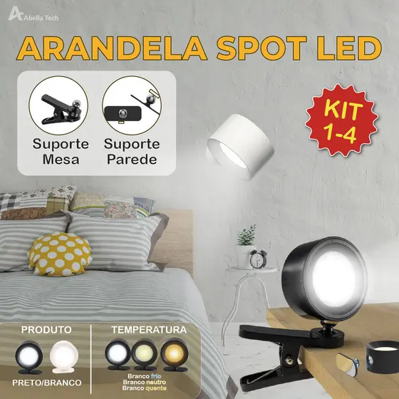 Luminária Spot Led 8W Arandela Cabeceira Luz de Parede 3 Tons de Luz Recarregável USB